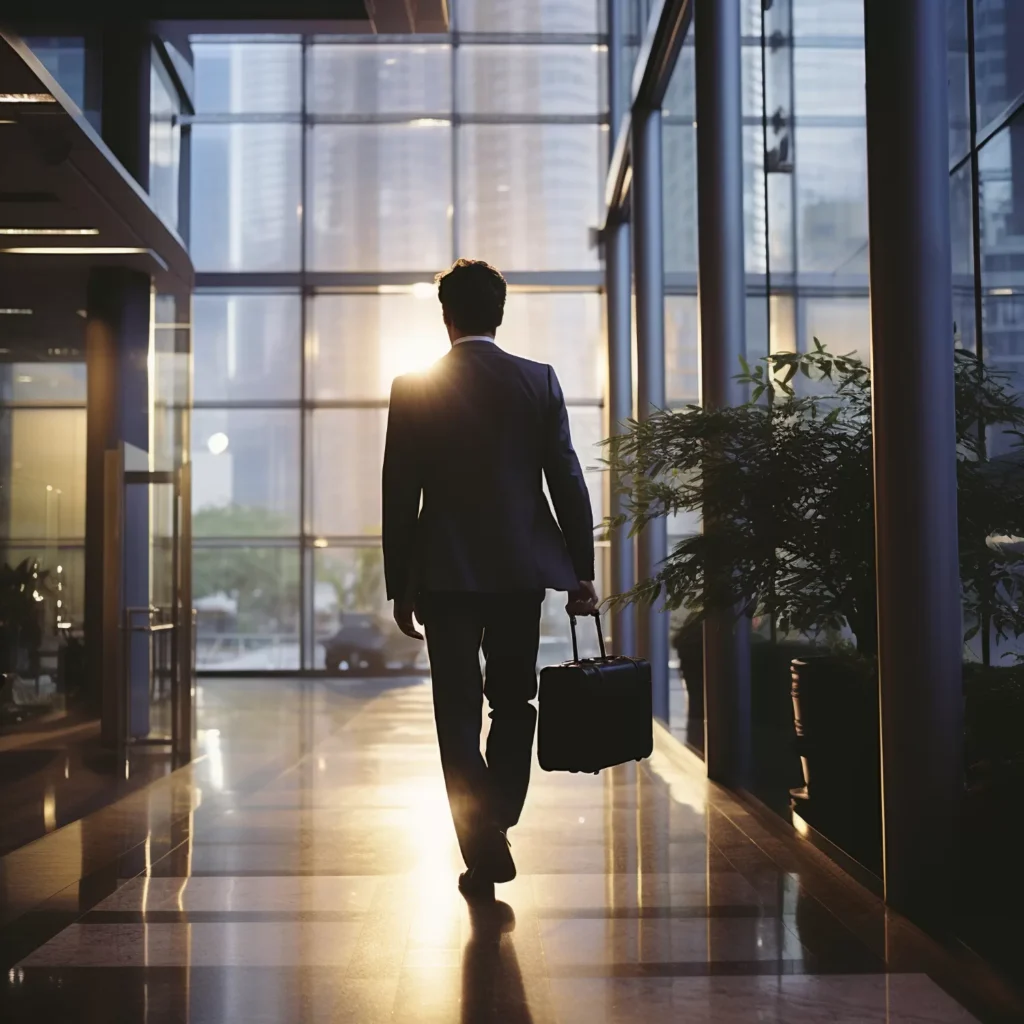 Man in suit walking into the sunset in a building