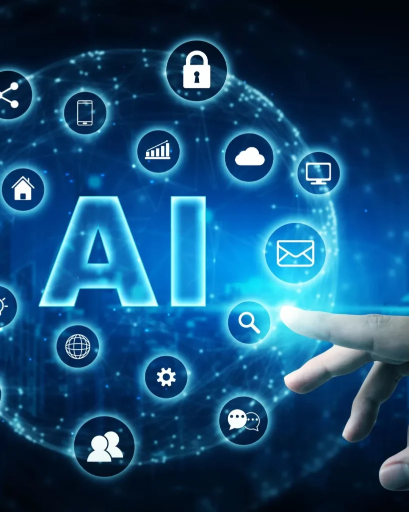 Illustration of the letters AI surrounded by icons