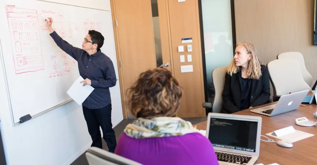 Group of professionals engaging in a collaborative meeting with technology.
