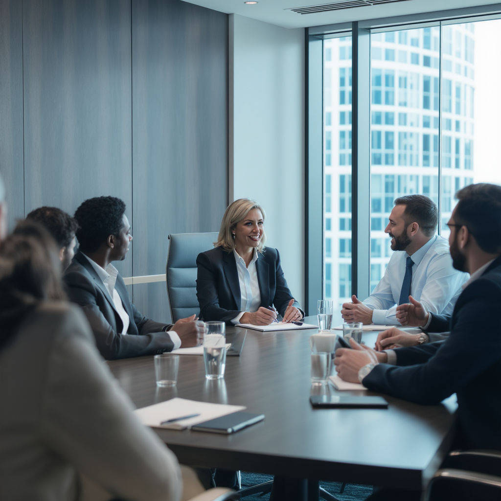 Senior executives in a modern boardroom discussing strategy, symbolizing the transition from C-suite leadership to board governance roles.
