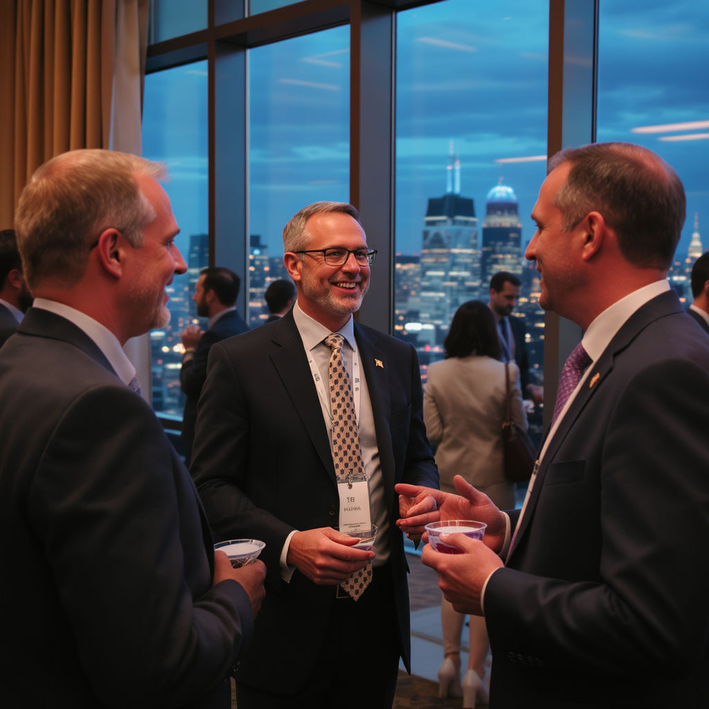 Executive building board-level relationships at a professional networking event, illustrating strategic visibility and credibility for board candidacy.