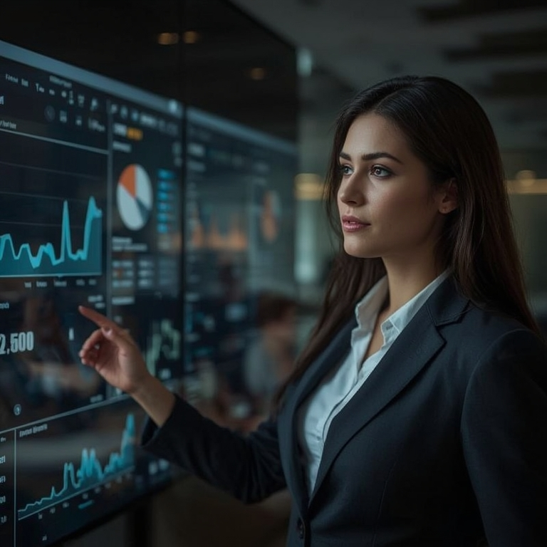 Executive woman with data tables