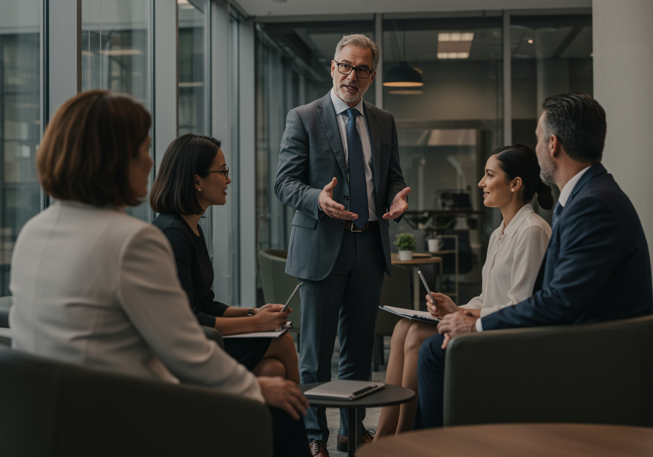 Executive engaging with board chairs and directors in a professional discussion, illustrating how strategic relationships demonstrate governance readiness and oversight capability.