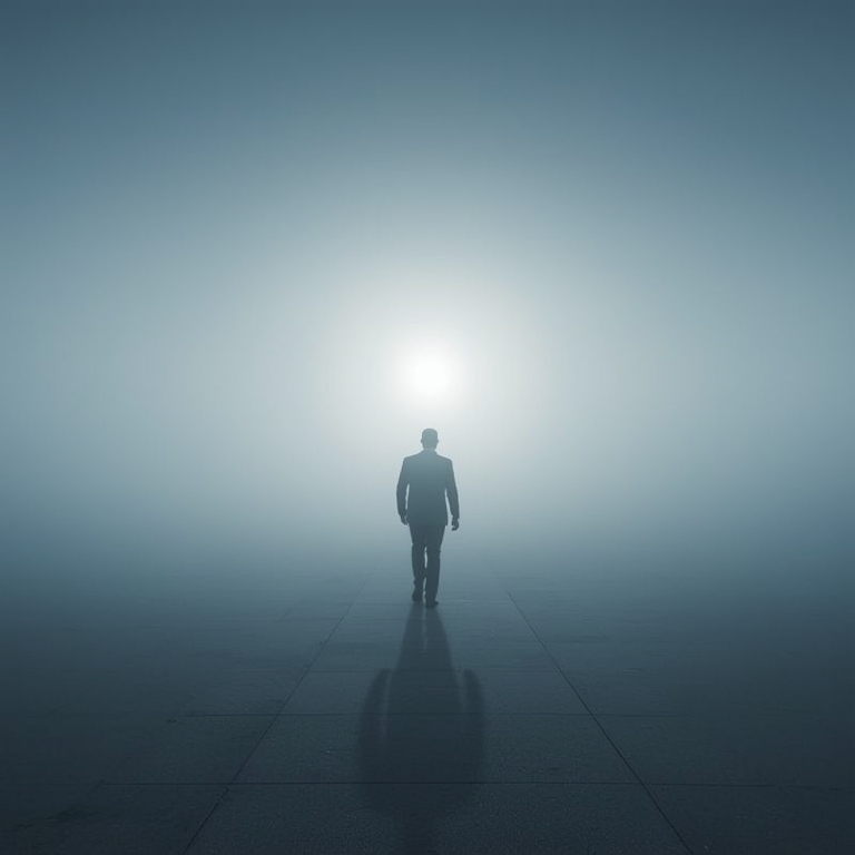 Executive walking toward a bright horizon with fog ahead, representing horizon blindness and the unseen long-tail risks boards can overlook.