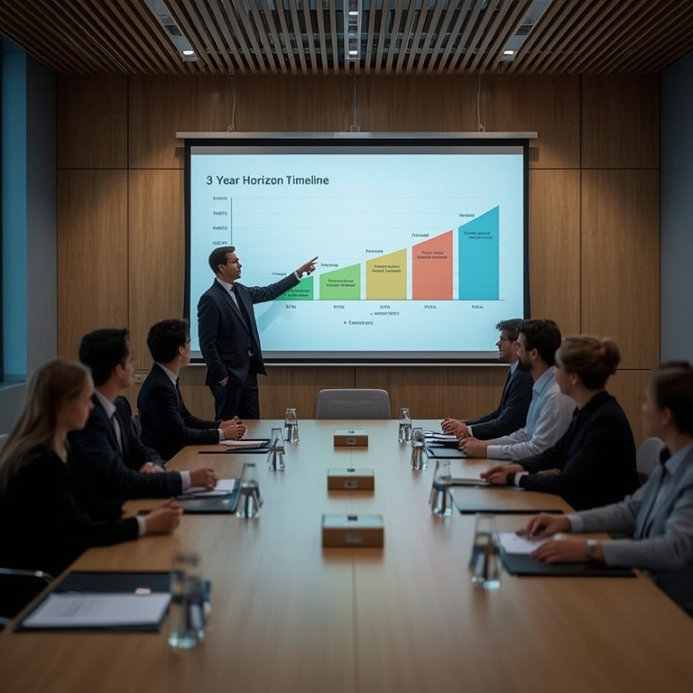 Directors reviewing a future-oriented strategy timeline, illustrating how effective boards look beyond annual performance to long-term risk.