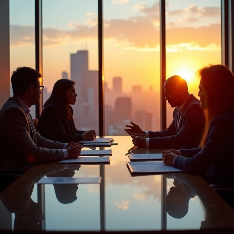 Board directors in discussion at sunset, symbolizing reflection on year-end results and the need for forward-looking governance.