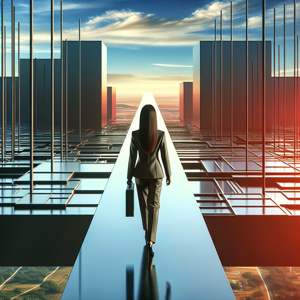 Executive walking down aisle between buildings