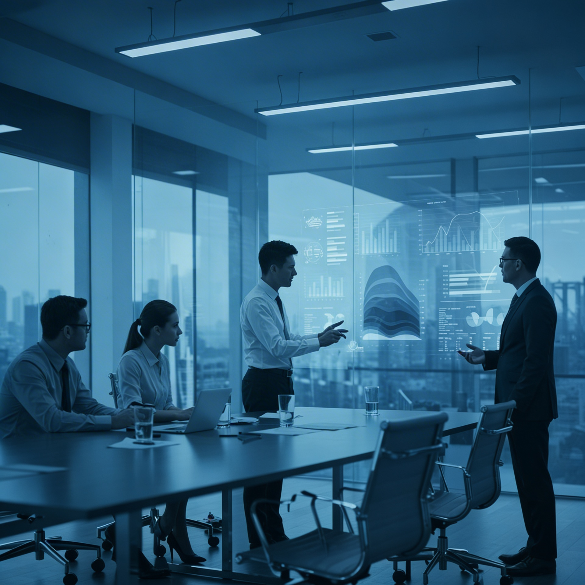 Board directors reviewing data on a screen