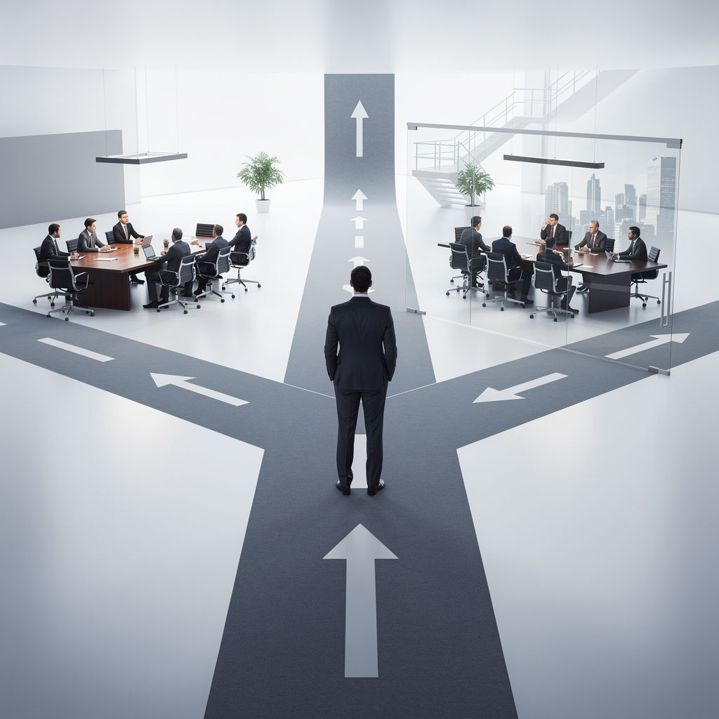 Executive choosing between nonprofit and corporate board paths, illustrating the myth of nonprofit boards leading to corporate board seats.