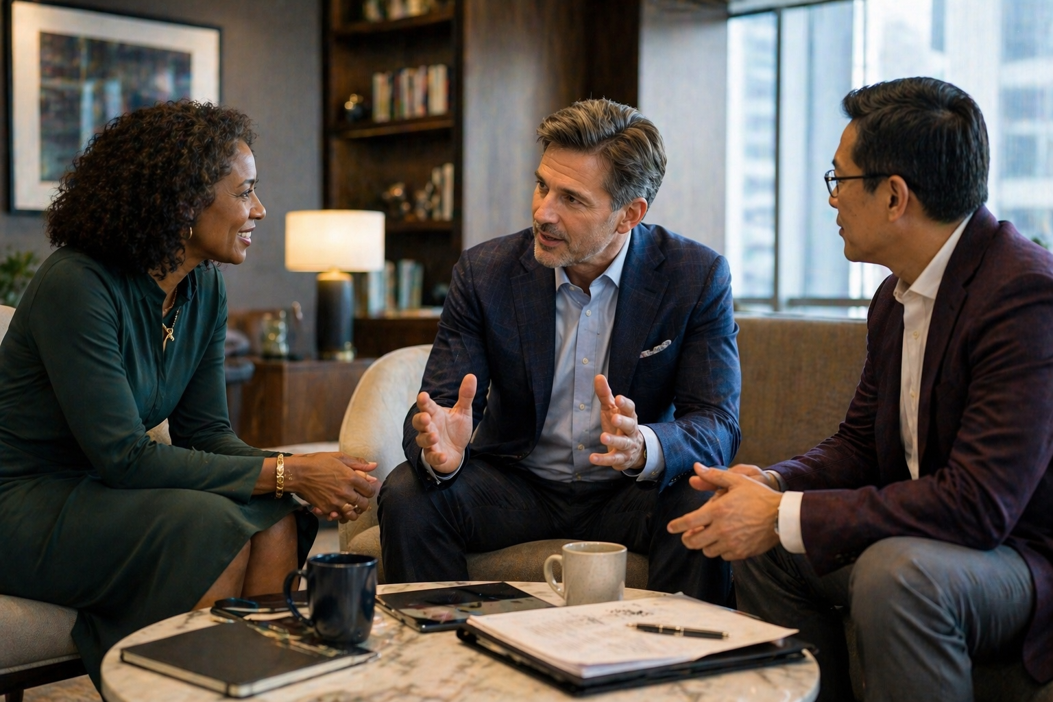 Senior executives building relationships through conversation, reflecting how board seats are often filled through trusted networks.