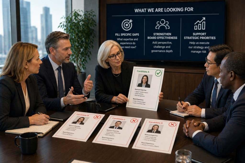 Board directors evaluating candidates based on fit and expertise rather than prestige in a corporate boardroom.