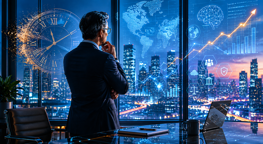 Illustration of executive looking out the window